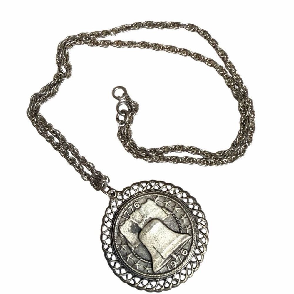 Vintage 1976 Bicentennial Liberty Bell Necklace Silver Tone Americana Pendant